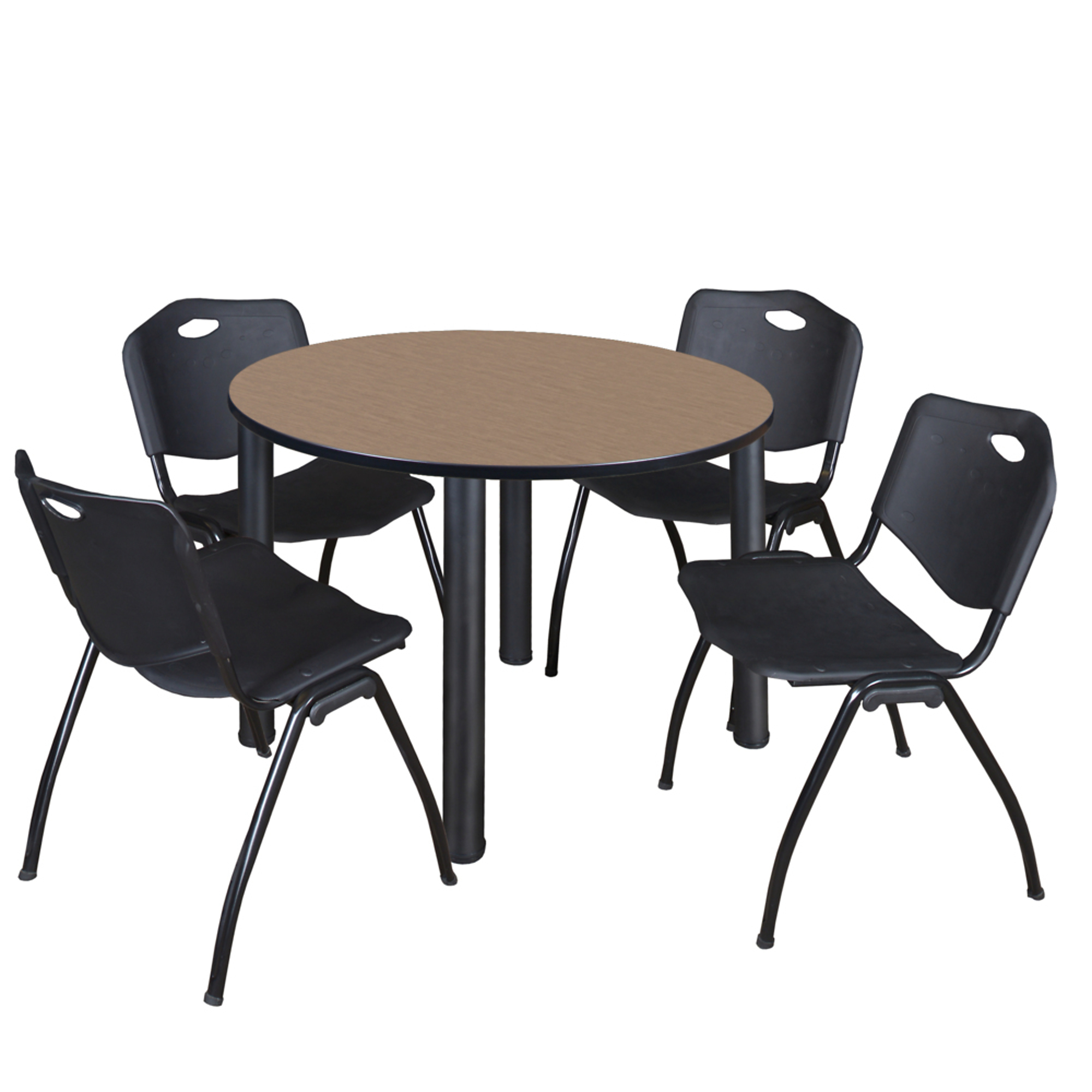 Regency Kee Round Breakroom Table Set — 42in. Noble Oak/Black Table, 4 Black 'M' Stack Chairs, Model# TB42RNDNOBPBK47BK